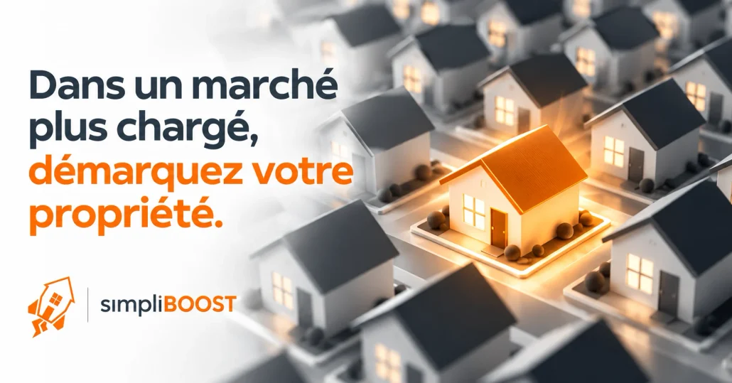 Une maison illuminée en orange se démarque parmi plusieurs propriétés à vendre, illustrant l'importance de la visibilité dans un marché immobilier concurrentiel.