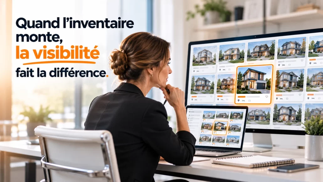 Courtière immobilière analysant des propriétés à vendre sur plusieurs écrans, illustrant l’importance de la visibilité pour se démarquer dans un marché immobilier concurrentiel au Québec.